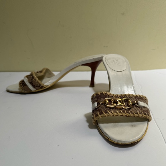Gucci GG Horsebit Leather Canvas Open Toe Mules Slides Sandals Heels Neutral 36 - Picture 11 of 15